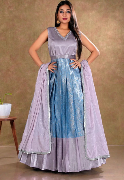 Sky Blue Banarasi Long Dress with Zari work for Women - Gajiwala