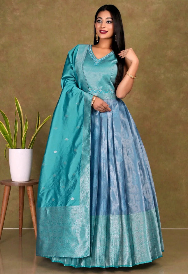 Sky Blue Banarasi Long Frock With Dupatta For Women - Gajiwala