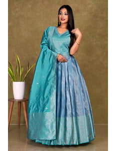Sky Blue Banarasi Long Frock With Dupatta For Women - Gajiwala