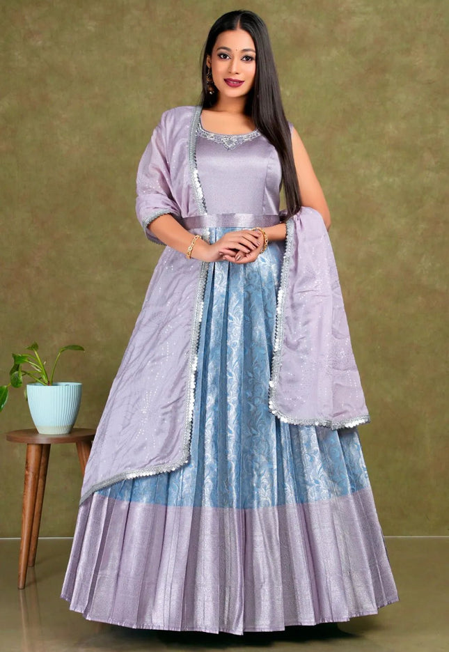 Sky Blue Banarasi Long Frock With Dupatta For Women - Gajiwala