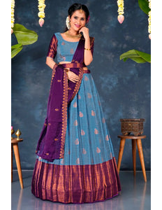 Sky Blue Banarasi Silk Lehenga Choli With Zari woven - Gajiwala