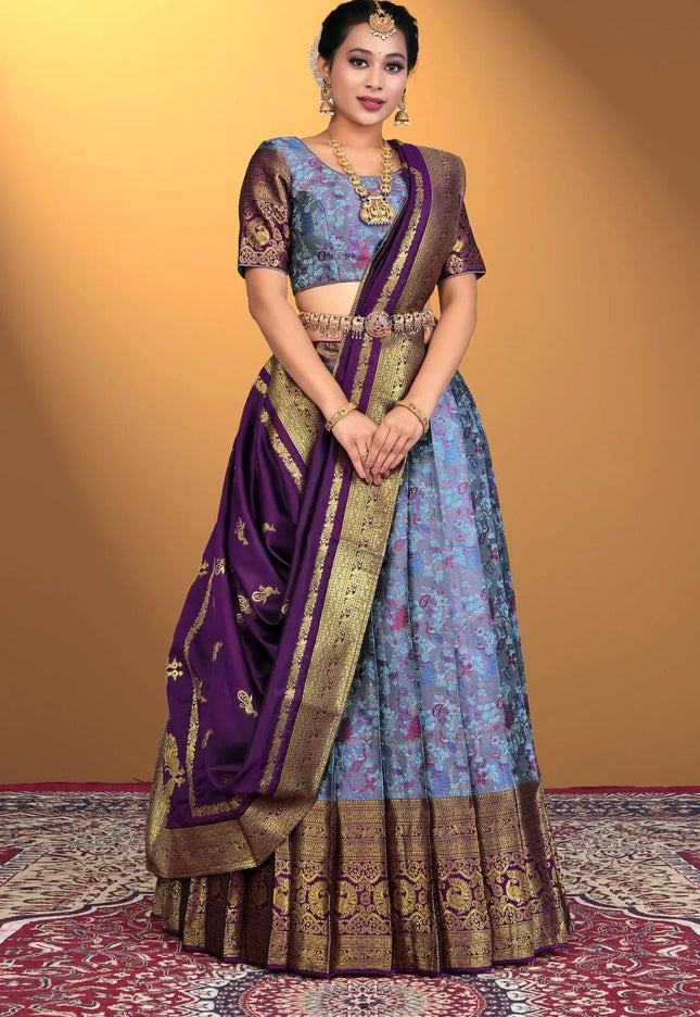 Sky Blue Banarasi Zari Silk Half Saree For Women - Gajiwala