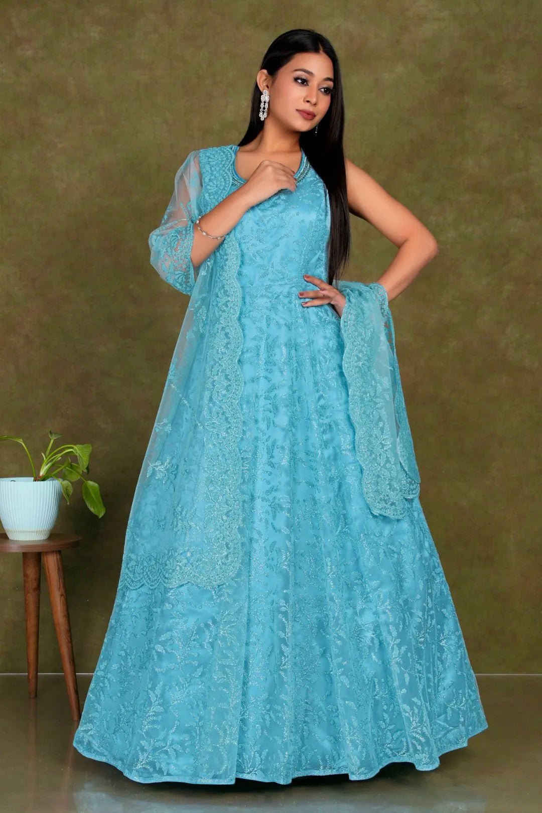 Sky Blue Colour Party Wear Net Gown For Women - Gajiwala