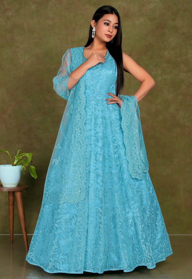 Sky Blue Colour Party Wear Net Gown For Women - Gajiwala