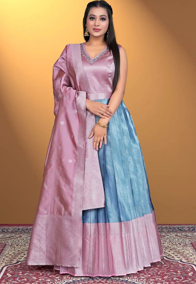 Sky Blue Designer Banarasi Gown With Dupatta - Gajiwala
