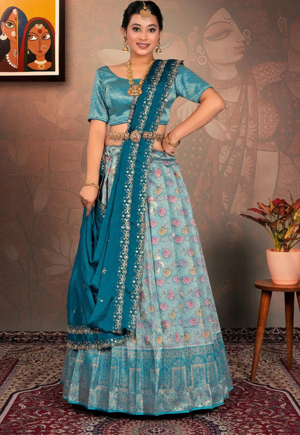 Sky Blue Digital Print Banglori Slub Lehenga Choli For Women - Gajiwala