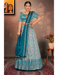 Sky Blue Digital Print Banglori Slub Lehenga Choli For Women - Gajiwala