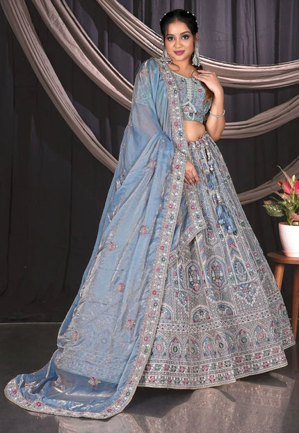 Sky Blue Embroidered Jimmy Chew Lehenga Choli For Weddings - Gajiwala