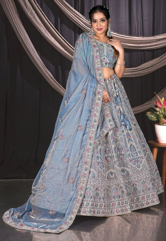 Sky Blue Embroidered Jimmy Chew Lehenga Choli For Weddings - Gajiwala