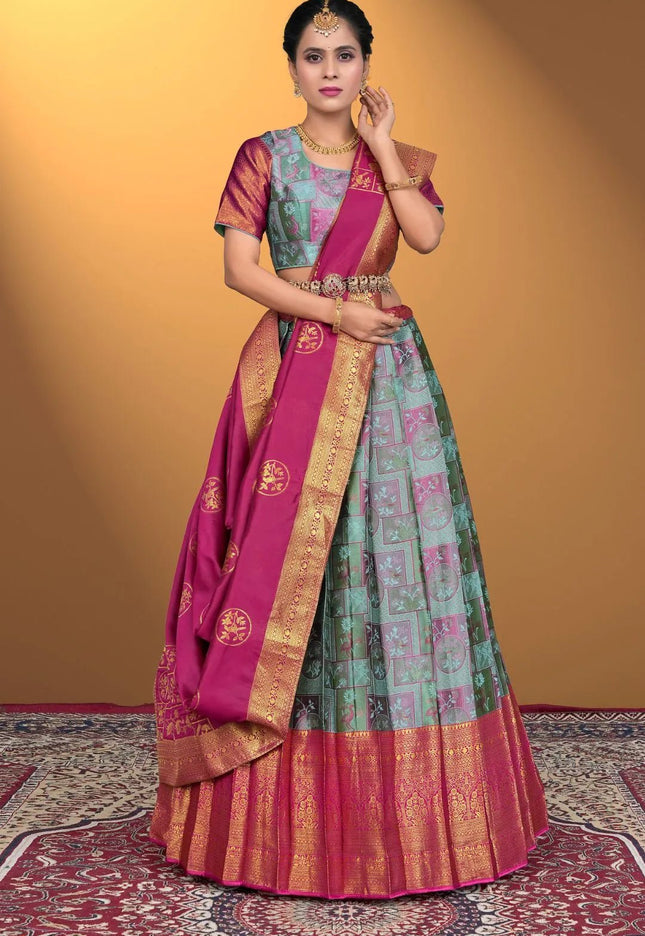 Sky Blue Jacquard Fabric Half Saree With Digital Print - Gajiwala