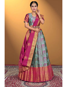 Sky Blue Jacquard Fabric Half Saree With Digital Print - Gajiwala