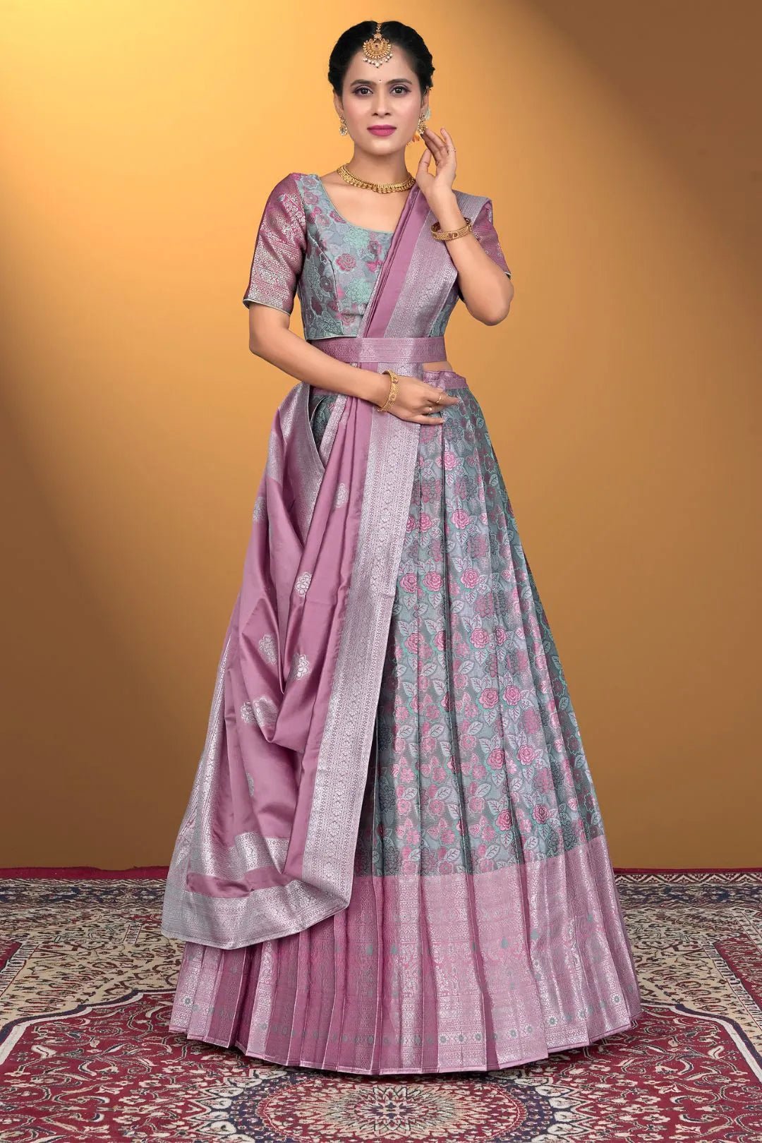 Sky Blue Jacquard Silk With Digital Print Latest Lehenga Choli - Gajiwala