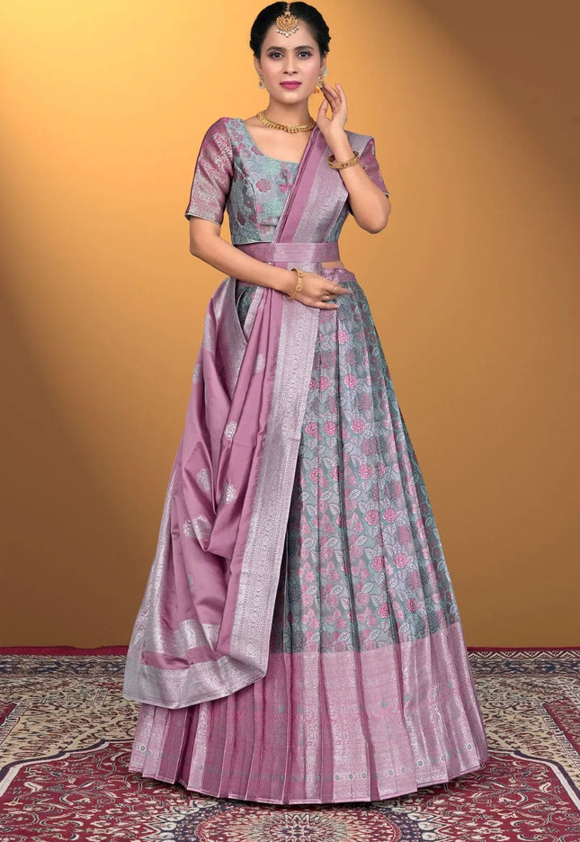 Sky Blue Jacquard Silk With Digital Print Latest Lehenga Choli - Gajiwala