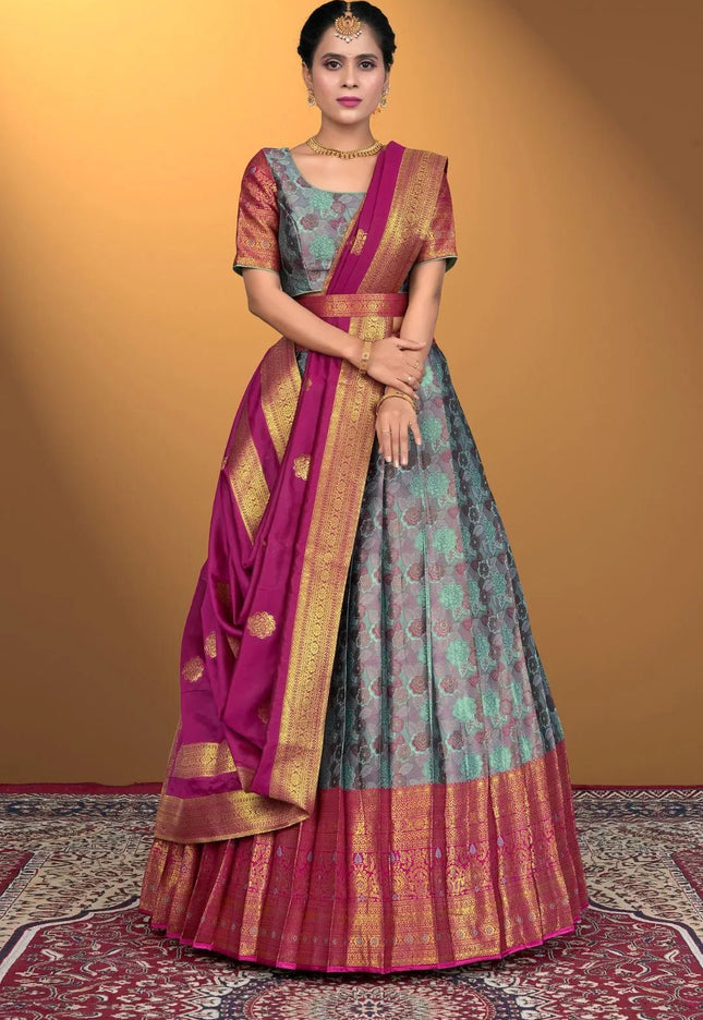 Sky Blue Jacquard Silk With Digital Print Latest Lehenga Choli - Gajiwala