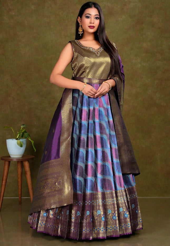 Sky Blue Long Banarasi Silk Gown With Dupatta - Gajiwala