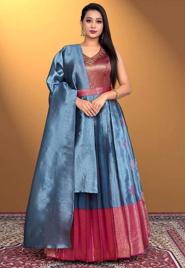 Sky Blue Pure Zari Silk Pattu Gown With Dupatta - Gajiwala