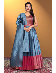 Sky Blue Pure Zari Silk Pattu Gown With Dupatta - Gajiwala