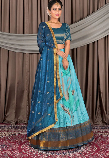 Sky Blue Viscose with Digital Print Lehenga Choli For Women - Gajiwala