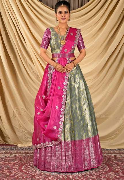 Sky Blue Zari Tissue Half Saree with Zari Woven For Women - Gajiwala