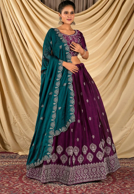 Wine Barbery Silk Lehenga Choli With Rangoli Dupatta - Gajiwala