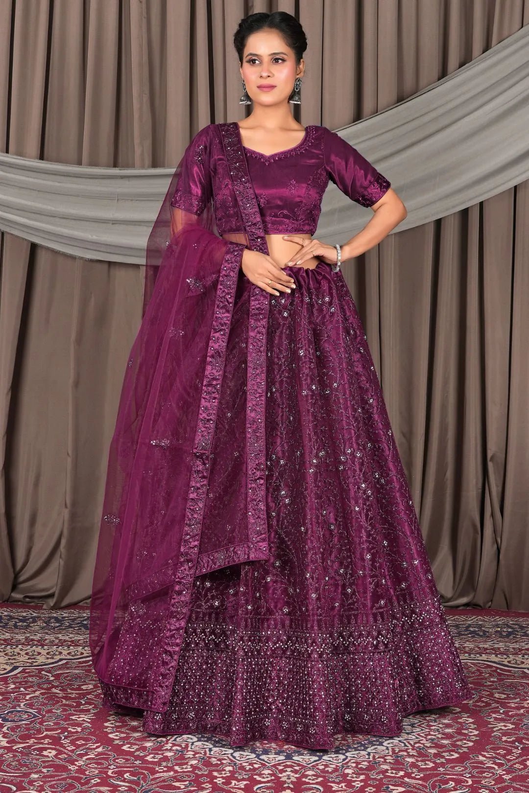 Wine Designer Net Lehenga Choli For Weddings - Gajiwala