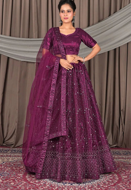 Wine Designer Net Lehenga Choli For Weddings - Gajiwala
