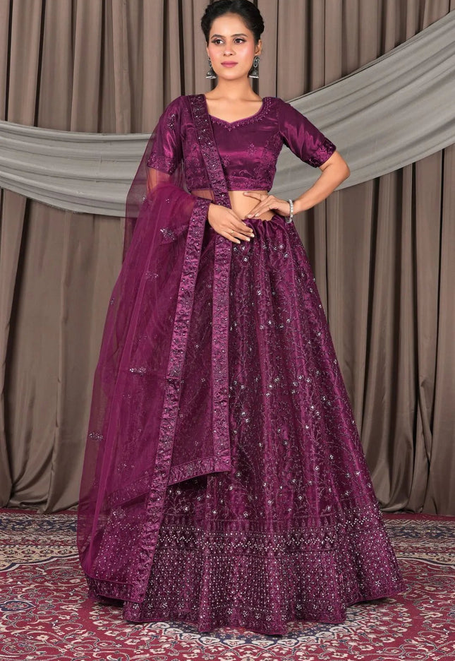 Wine Designer Net Lehenga Choli For Weddings - Gajiwala