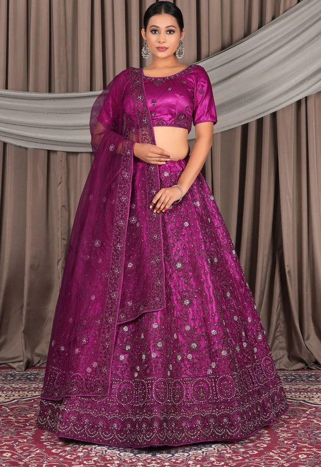 Wine Embroidery Work Net Lehenga Choli - Gajiwala
