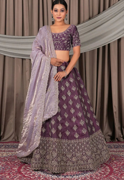 Wine Fendy Silk Semi - Stitched Lehenga For Women - Gajiwala