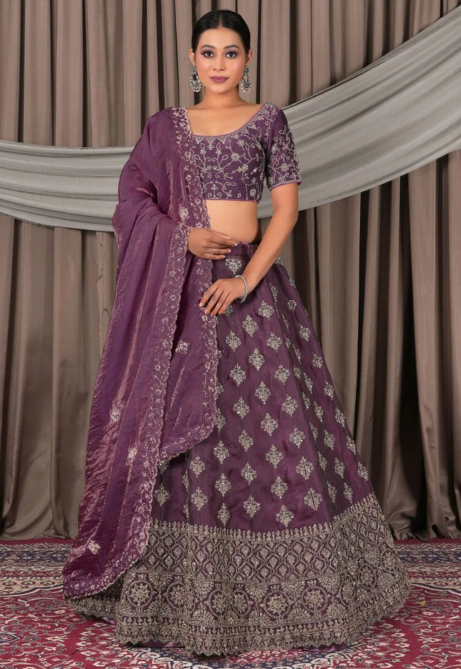 Wine Fendy Silk Semi - Stitched Lehenga For Women - Gajiwala