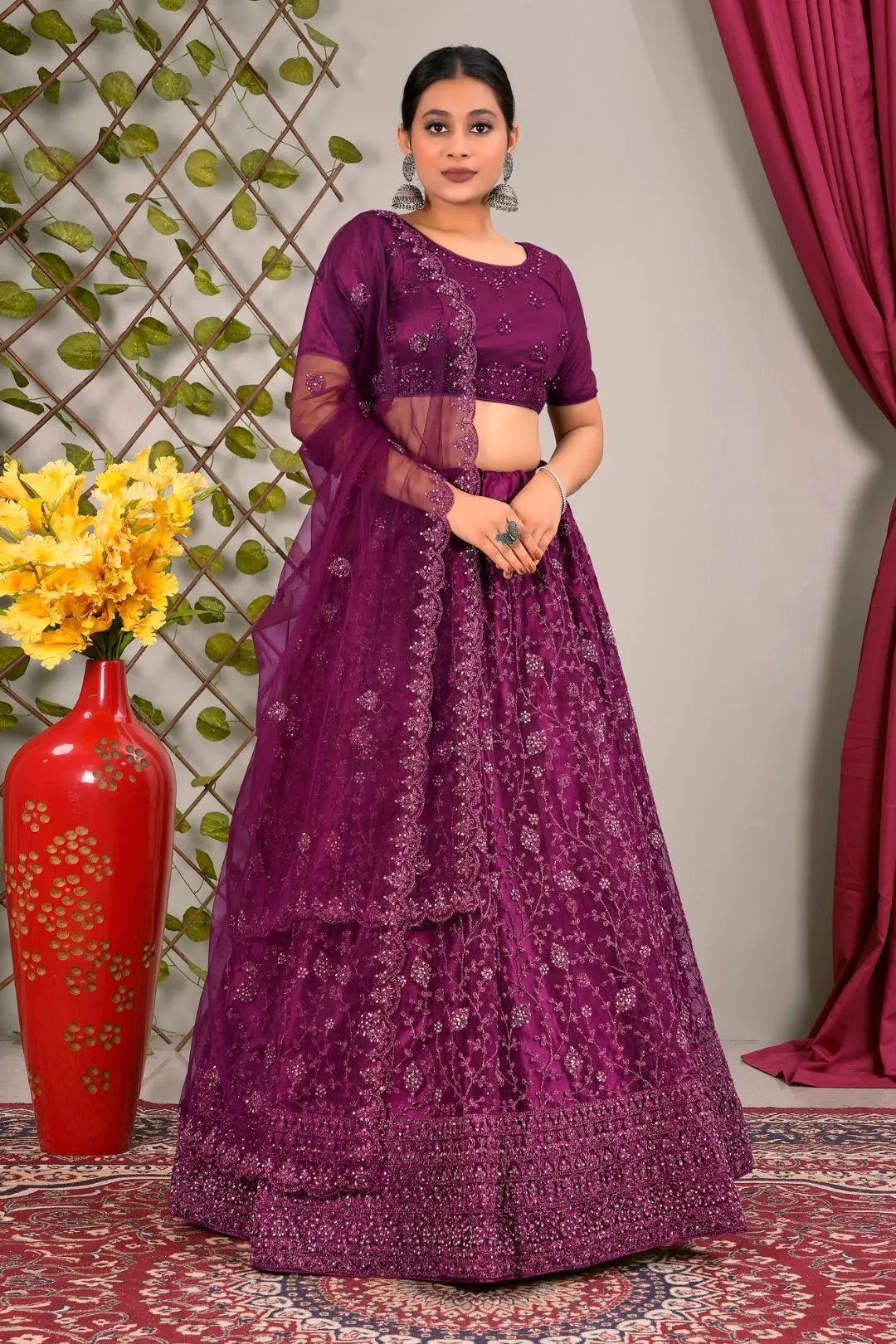 Wine Latest Net Lehenga Choli Set Wedding - Gajiwala