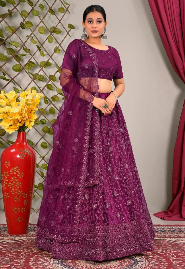 Wine Latest Net Lehenga Choli Set Wedding - Gajiwala