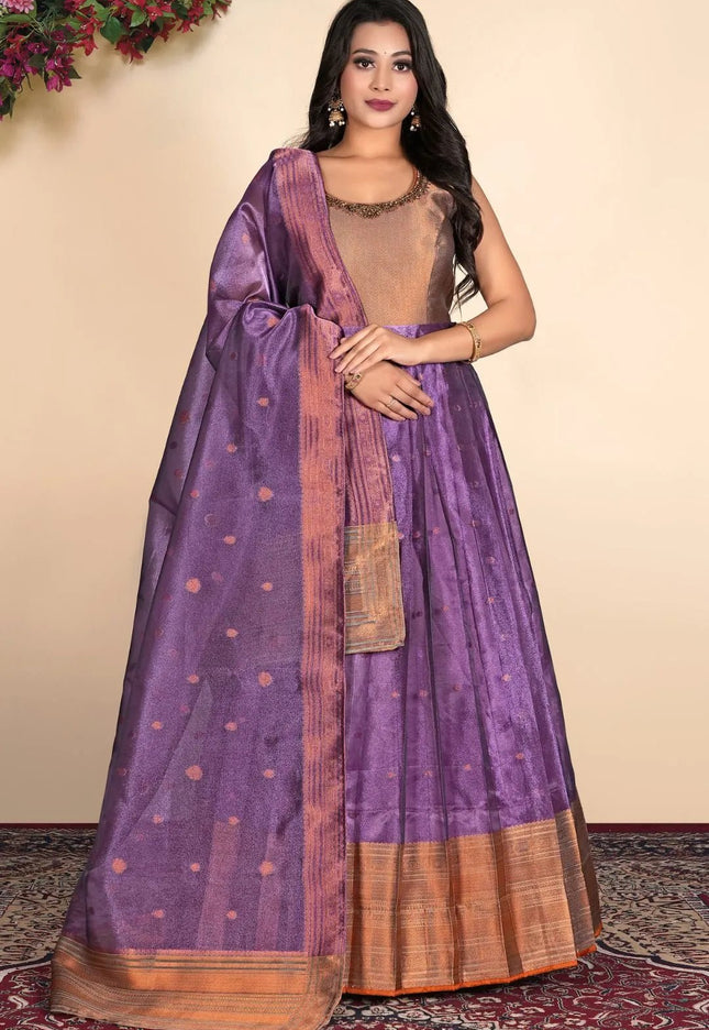 Wine Latest Tissue Silk Gown with Zari Work - Gajiwala