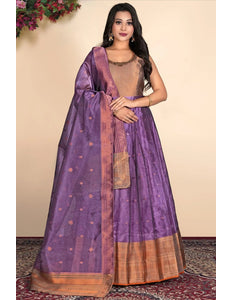 Wine Latest Tissue Silk Gown with Zari Work - Gajiwala