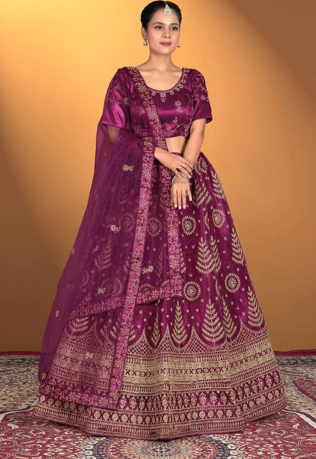 Wine Net Lehenga Choli For Women With Embroidery Work - Gajiwala