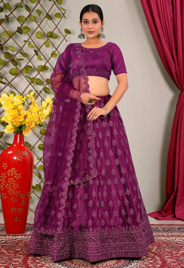 Wine Party Wear Net Lehenga Choli For Weddings - Gajiwala