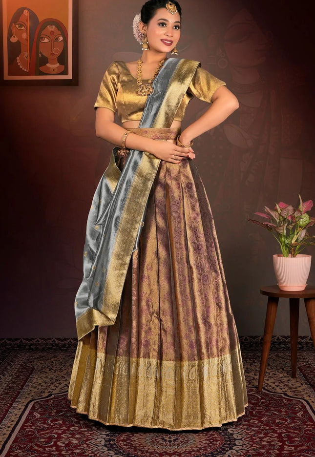 Wine Pure Two Tone Zari Tissue Lehenga Choli with Zari Work - Gajiwala