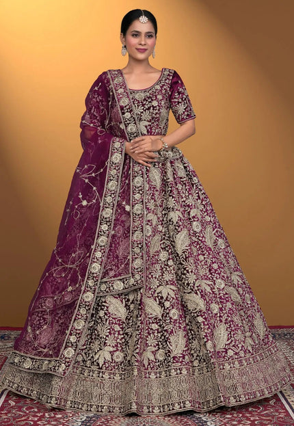 Wine Velvet Lehenga Choli With Net Dupatta For Women - Gajiwala
