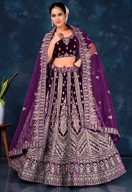 Wine Wedding Lehenga for Bride in Velvet - Gajiwala