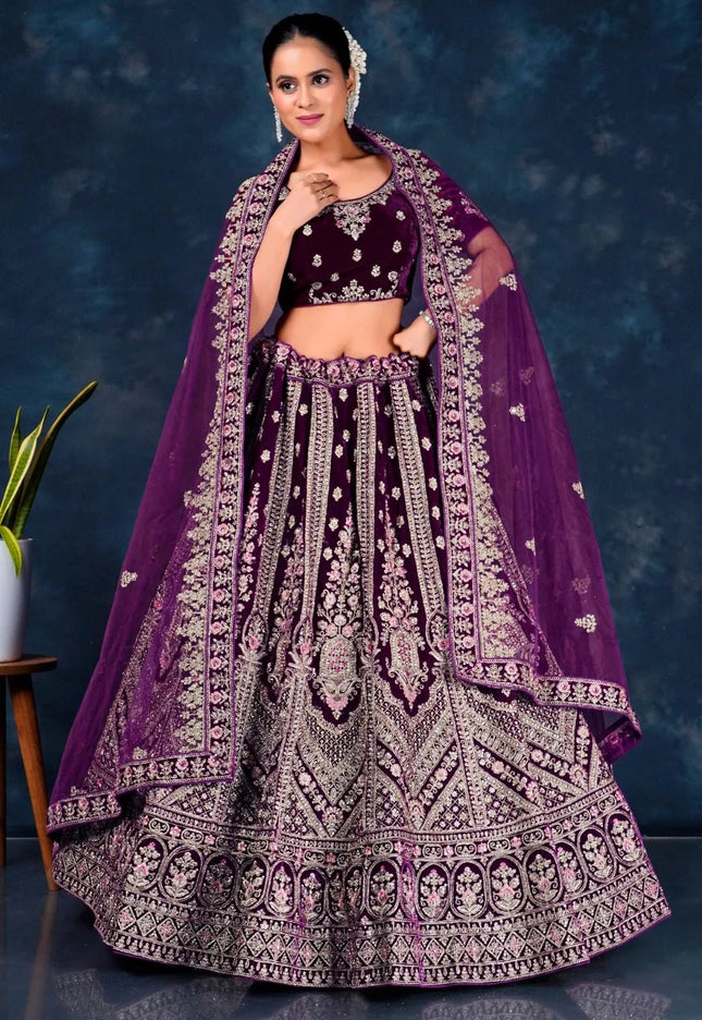 Wine Wedding Lehenga for Bride in Velvet - Gajiwala