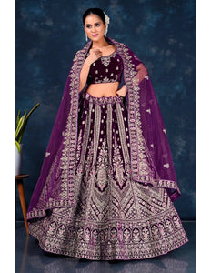 Wine Wedding Lehenga for Bride in Velvet - Gajiwala
