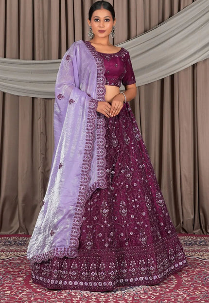 Wine Wedding Wear Embroidered Net Lehenga Choli For Women - Gajiwala