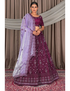 Wine Wedding Wear Embroidered Net Lehenga Choli For Women - Gajiwala