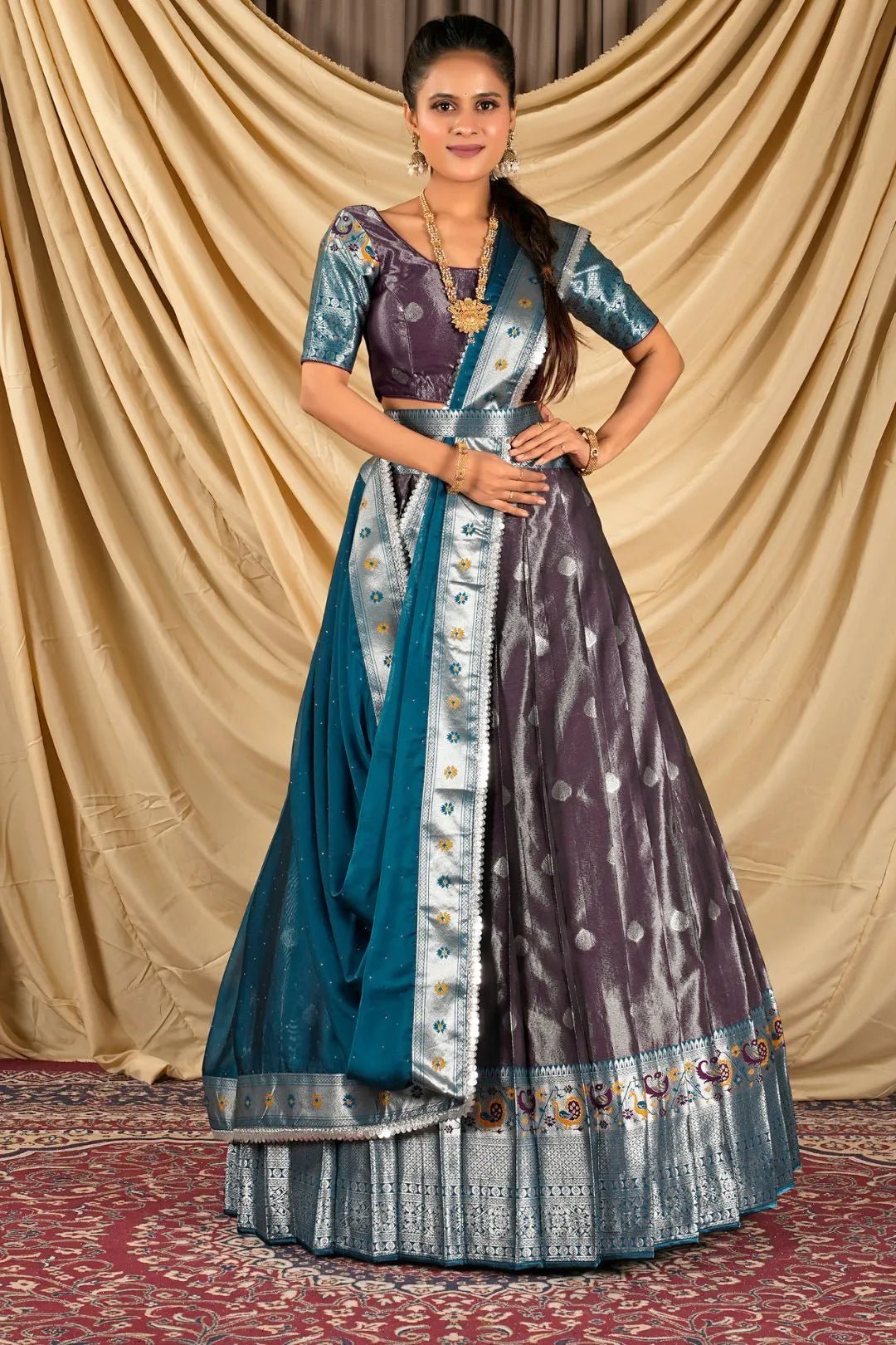 Wine Zari Banarasi Silk Half Saree For Women - Gajiwala