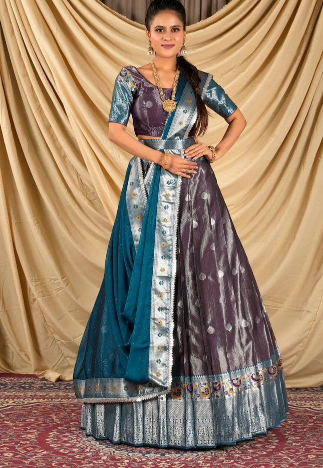 Wine Zari Banarasi Silk Half Saree For Women - Gajiwala