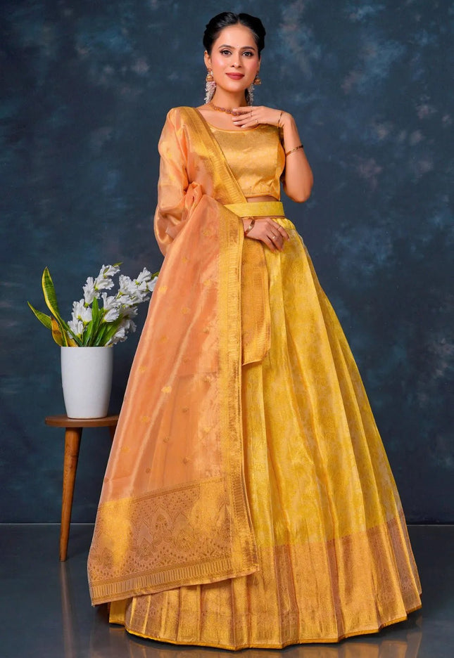 Yellow Designer Lehenga Choli in Tissue Silk For Women - Gajiwala