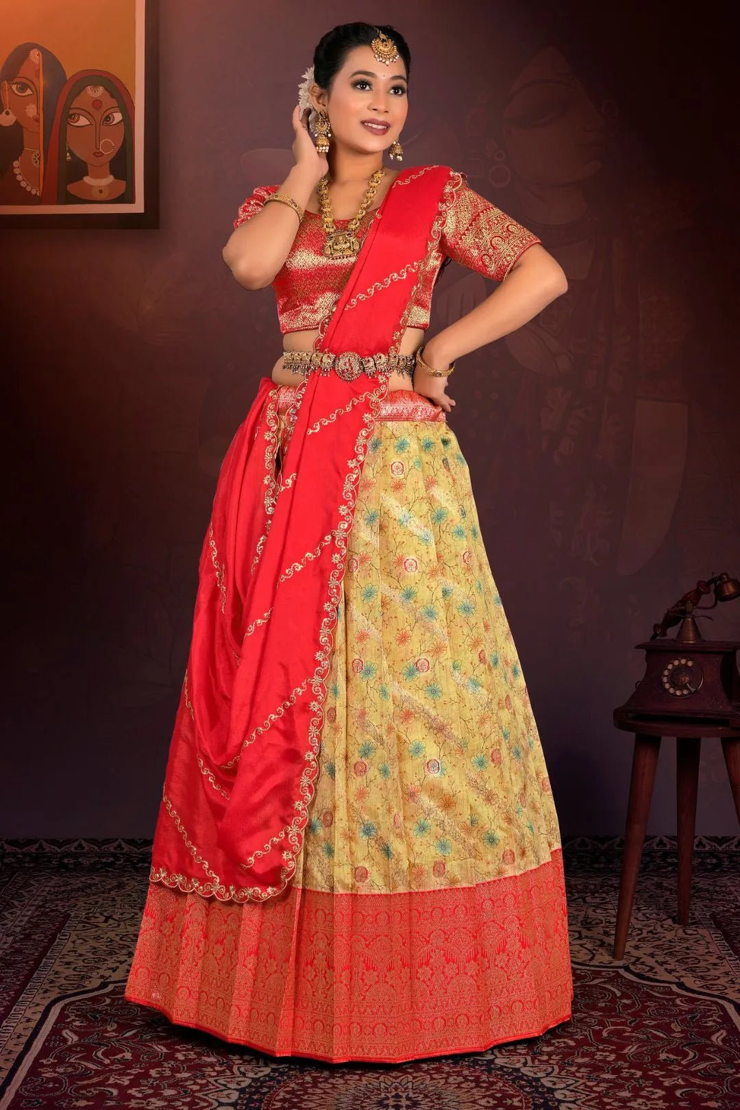 Yellow Digital Print Banglori Slub Lehenga Choli For Women - Gajiwala