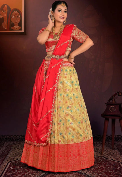 Yellow Digital Print Banglori Slub Lehenga Choli For Women - Gajiwala