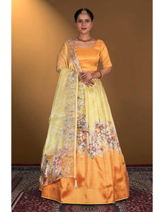 Yellow Digital Printed Satin Lehenga With Chinnon Dupatta - Gajiwala