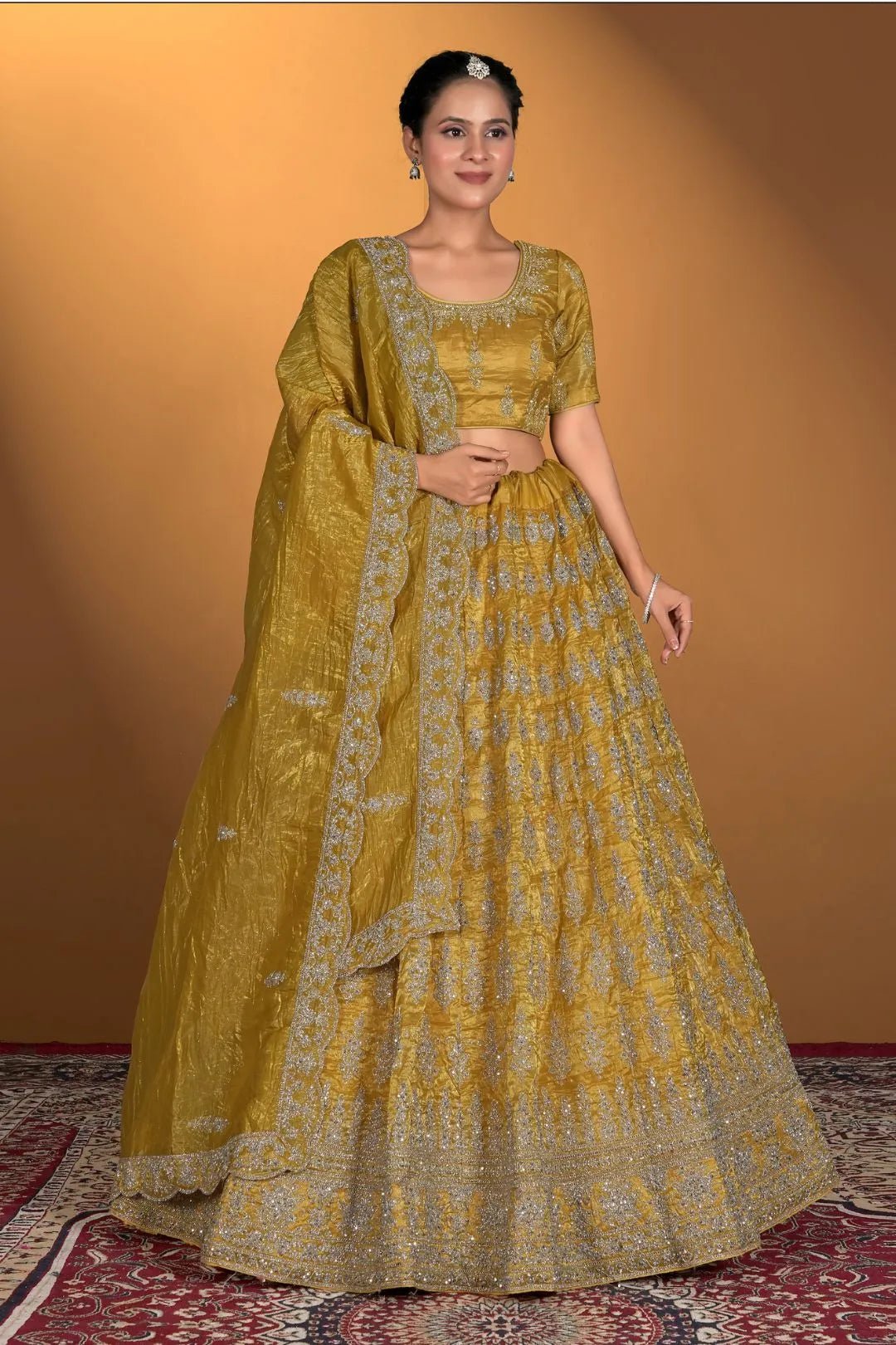 Yellow Gold Crush Embroidery Lehenga Choli For Women - Gajiwala